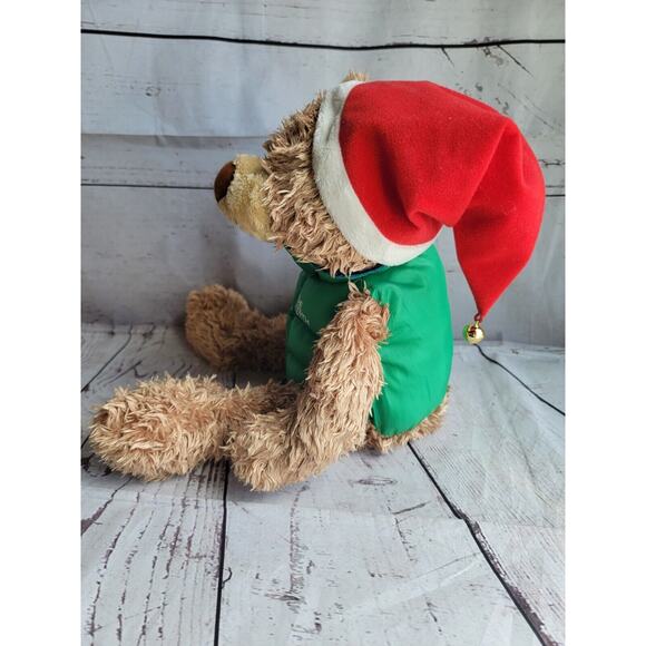 Hallmark North Pole Teddy Bear Green Puffy Vest Jacket Santa Hat Christmas - Picture 4 of 8